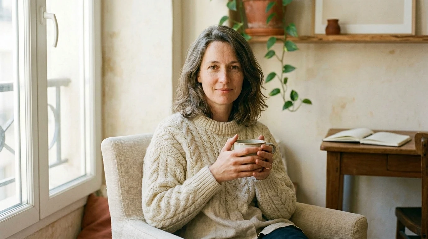 Hélène Maréchal dans son cabinet près de Lyon, lumière du matin